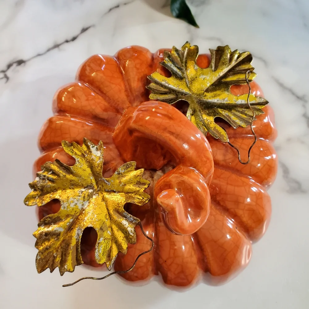 Ceramic Pumpkin with metal leaves